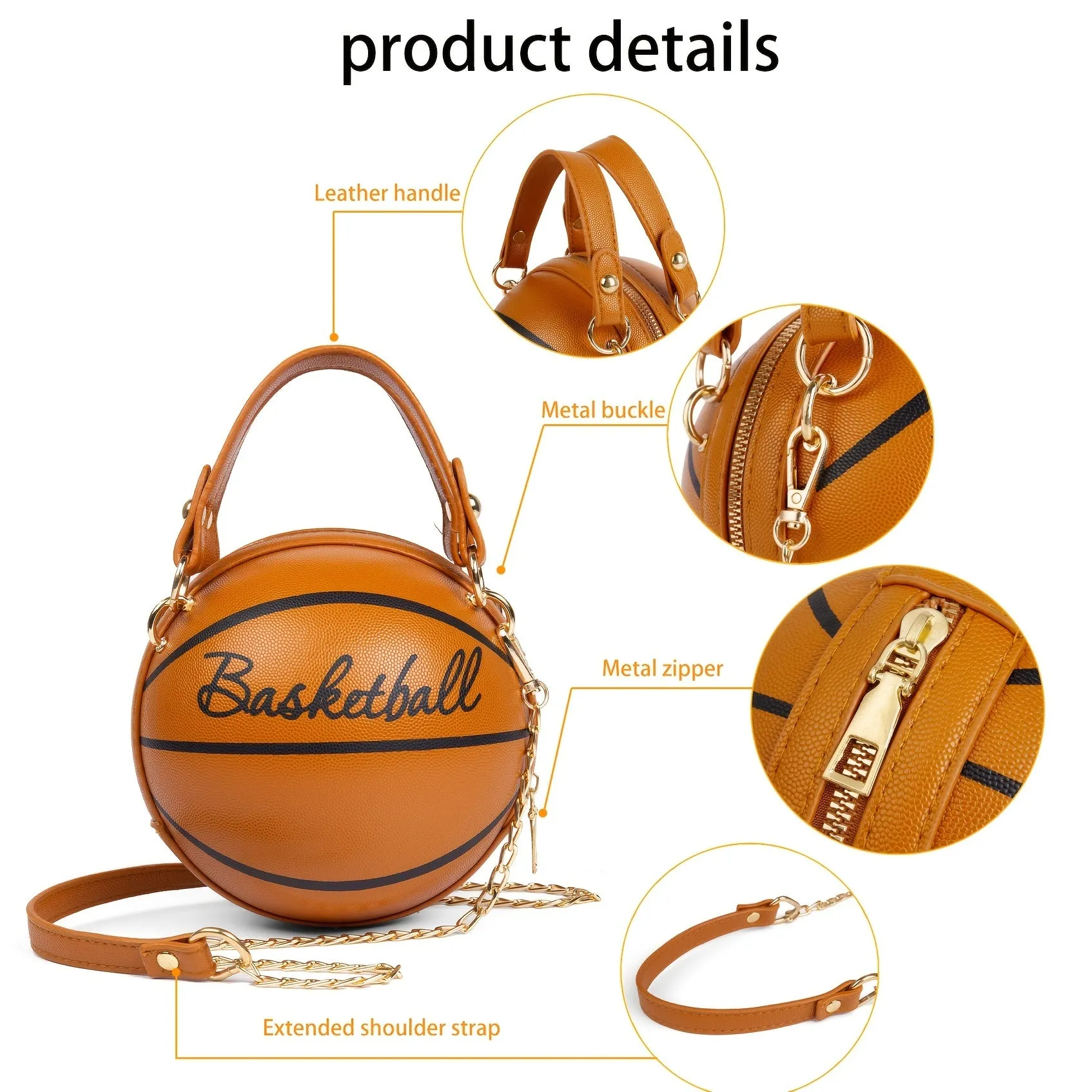 Basketball Shaped Crossbody Bag, Trendy Y2K Chain Shoulder Bag, PU Leather Top Handle Circle Purse