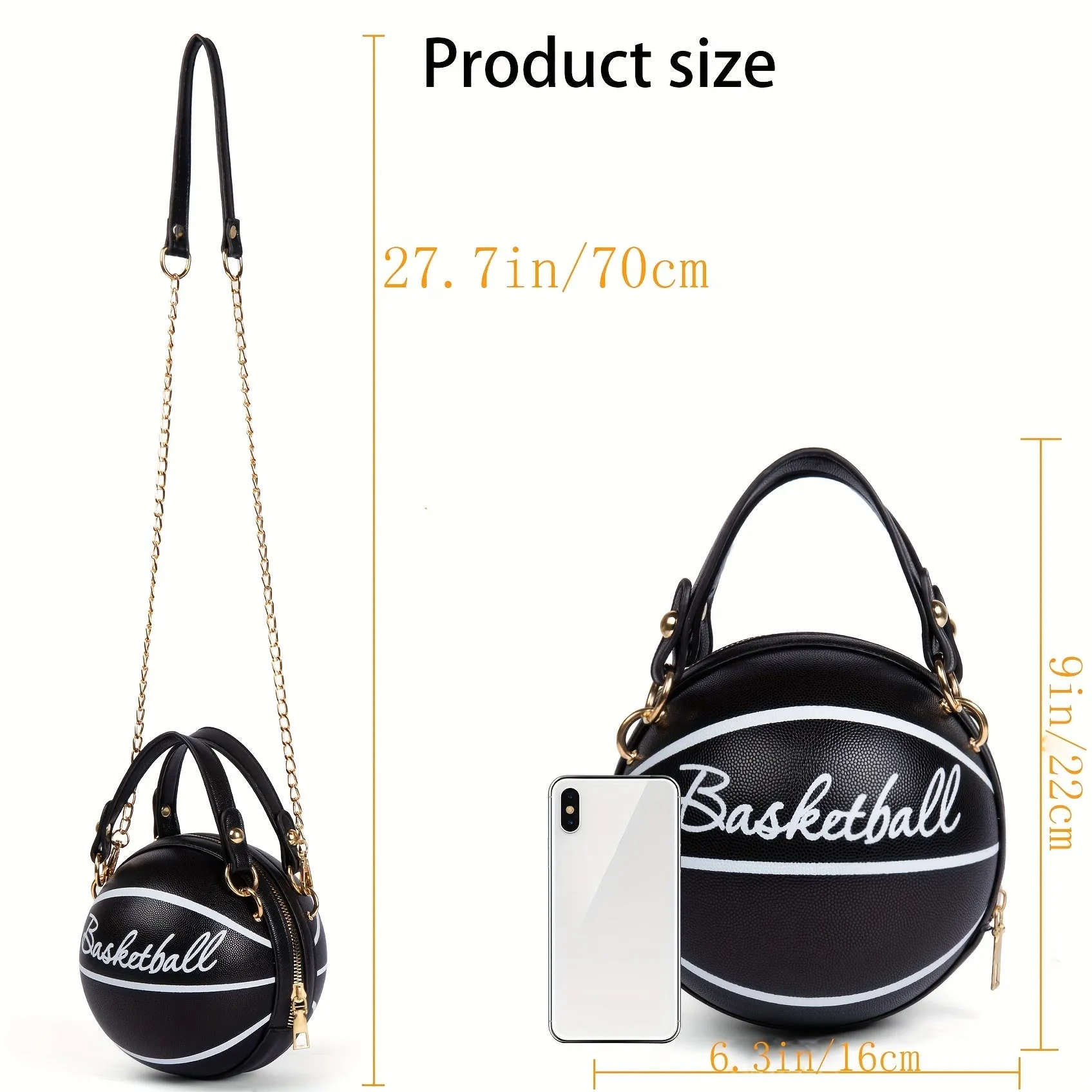 Basketball Shaped Crossbody Bag, Trendy Y2K Chain Shoulder Bag, PU Leather Top Handle Circle Purse