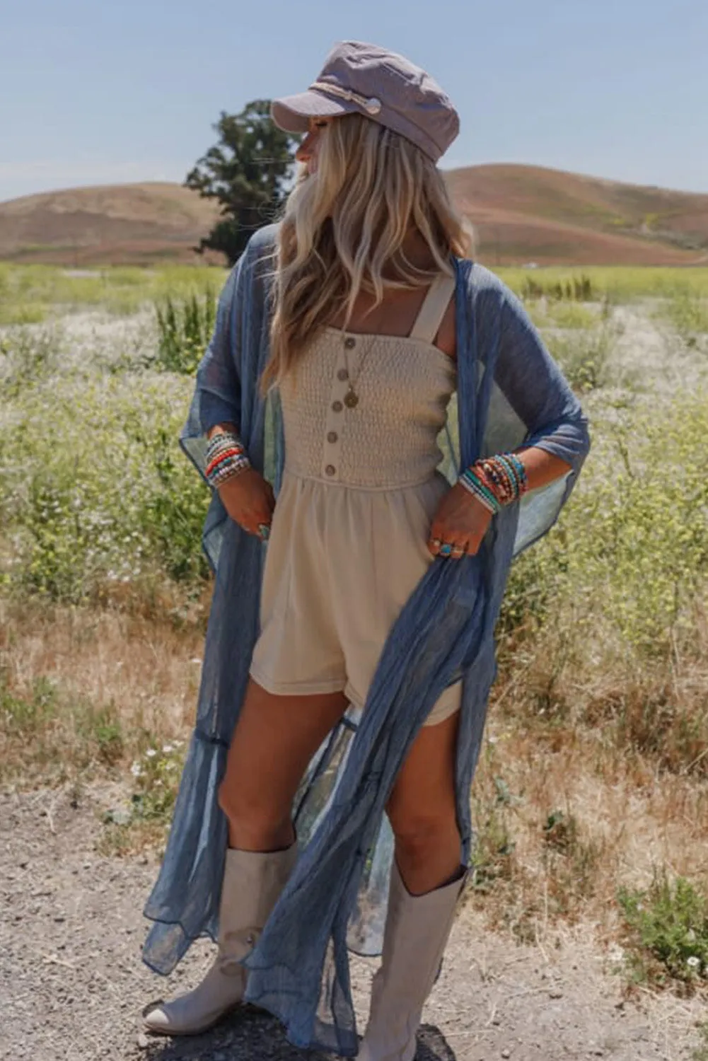 Beige Buttons Smocked Sleeveless Romper