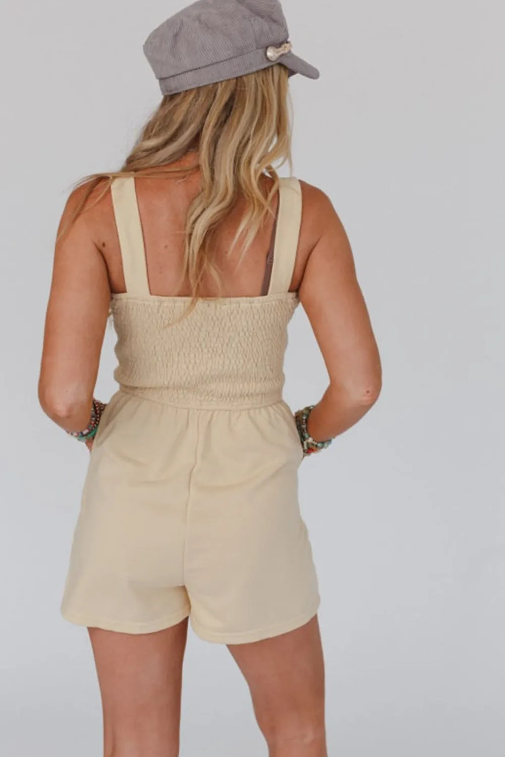 Beige Buttons Smocked Sleeveless Romper