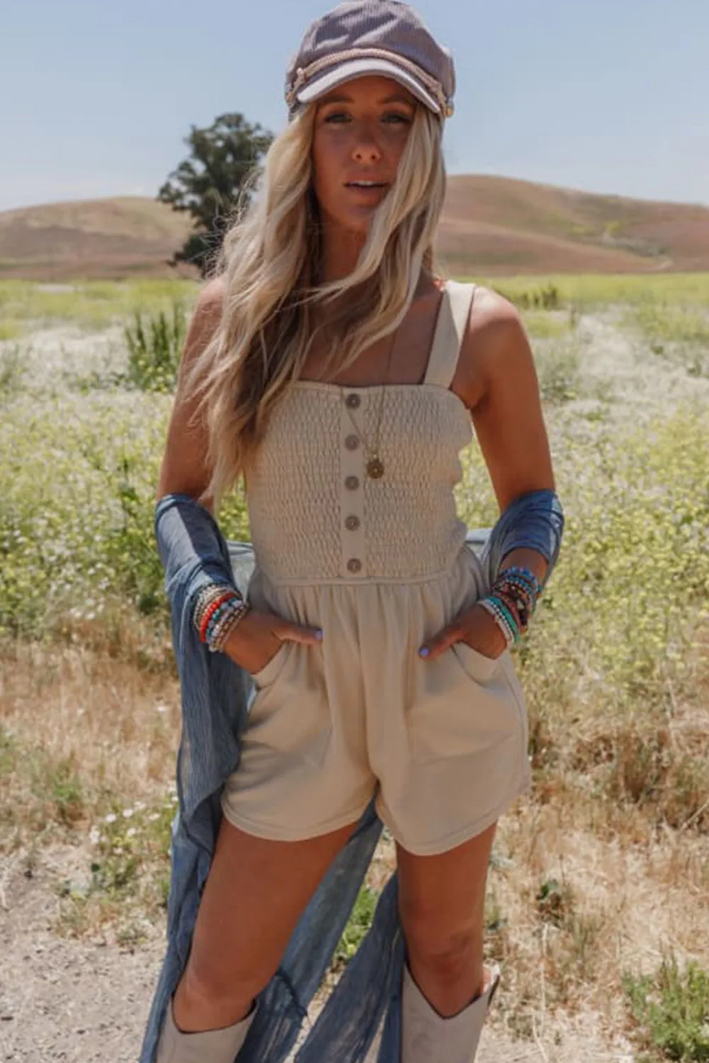 Beige Buttons Smocked Sleeveless Romper