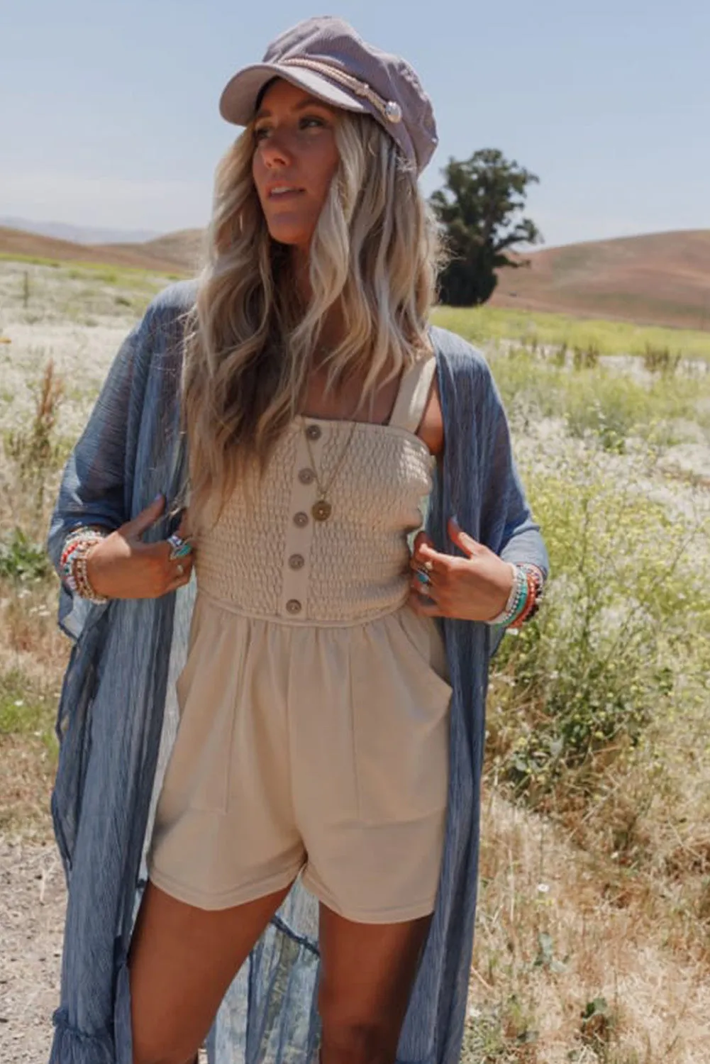 Beige Buttons Smocked Sleeveless Romper