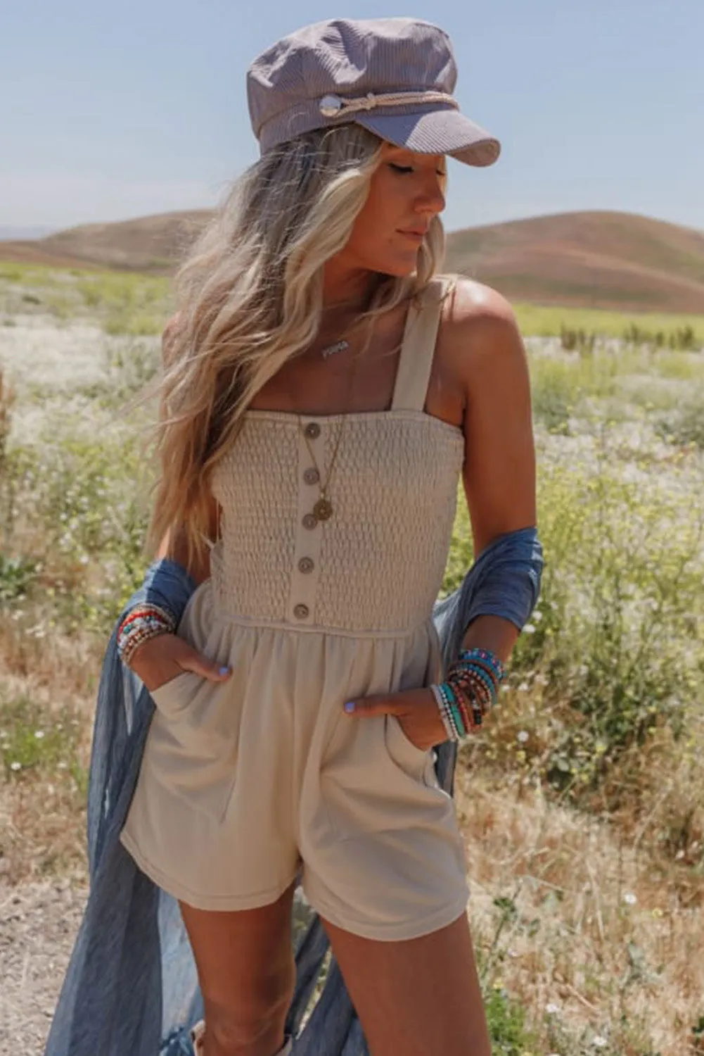 Beige Buttons Smocked Sleeveless Romper