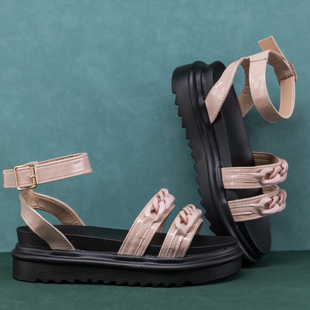 Beige Chain Buckle Strap Flat Platform Sandals