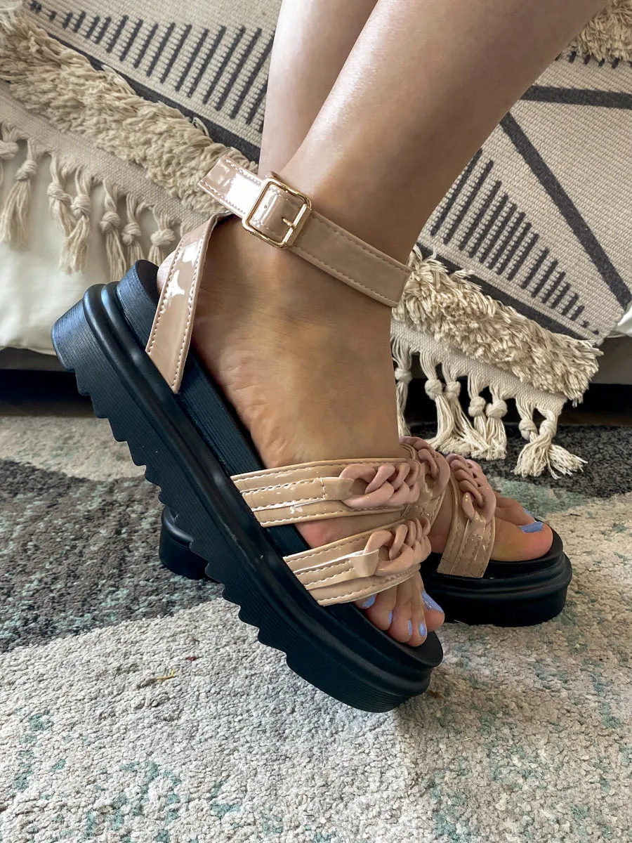 Beige Chain Buckle Strap Flat Platform Sandals