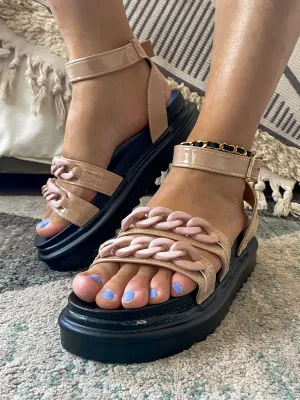 Beige Chain Buckle Strap Flat Platform Sandals