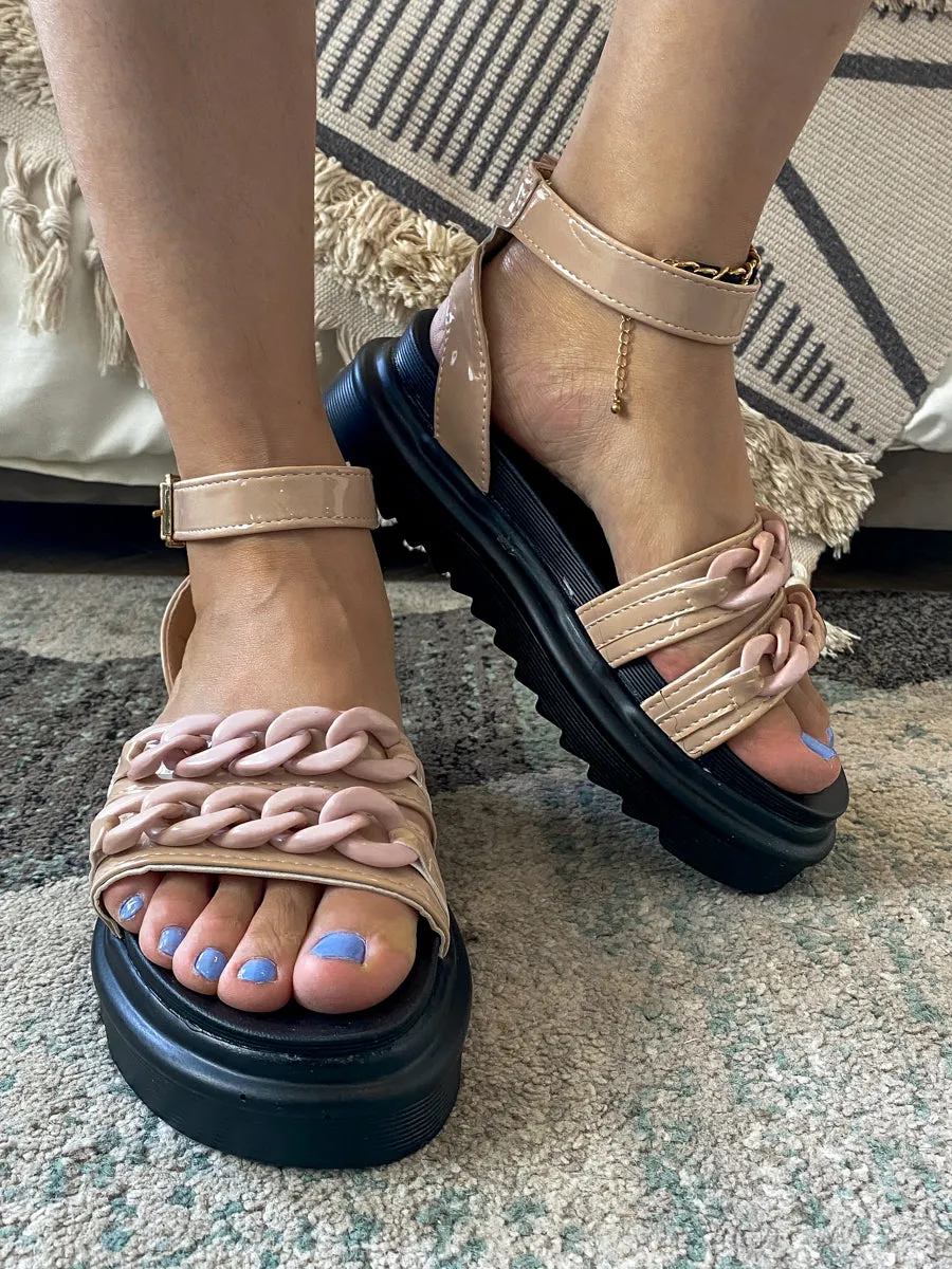 Beige Chain Buckle Strap Flat Platform Sandals