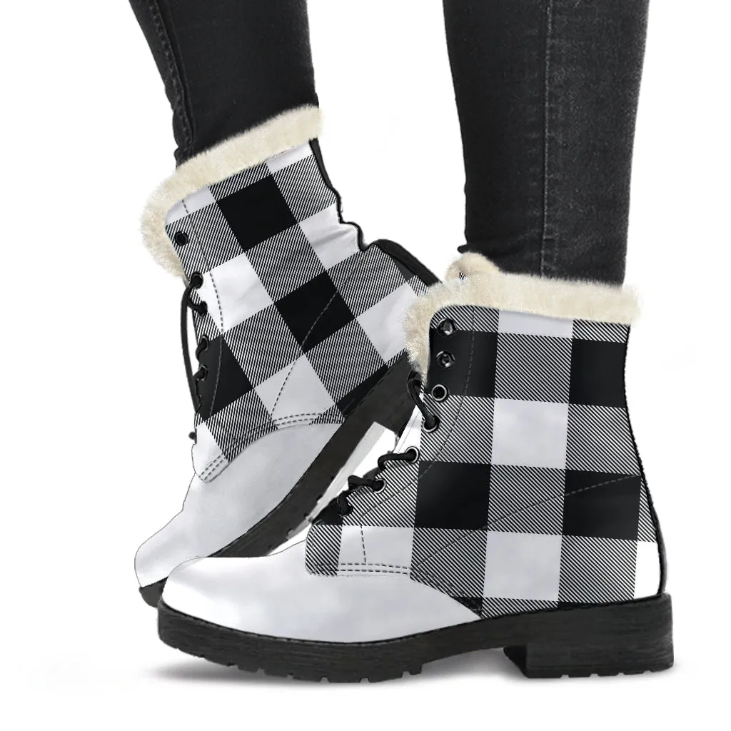 Black White Buffalo Plaid Color Block Vegan Leather Faux Fur Lined Winter Boots With White Toe