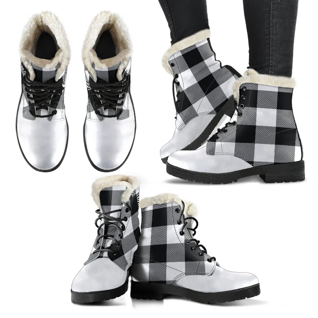 Black White Buffalo Plaid Color Block Vegan Leather Faux Fur Lined Winter Boots With White Toe