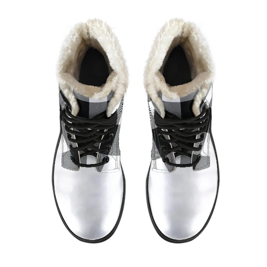 Black White Buffalo Plaid Color Block Vegan Leather Faux Fur Lined Winter Boots With White Toe