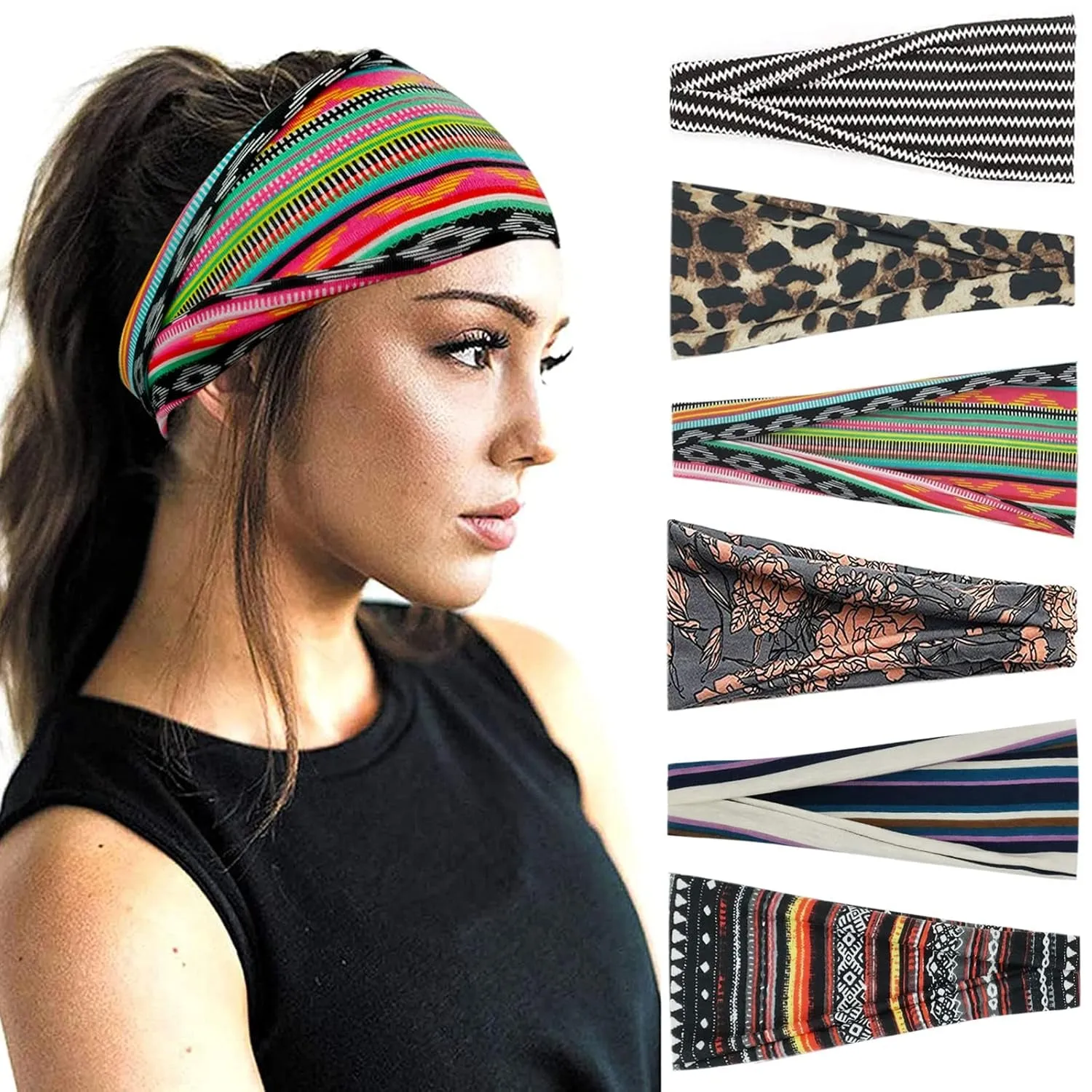 Boho Headbands for Women Fashion Wide Headband Yoga Workout Head Bands Hair Accessories Band 6 Pack