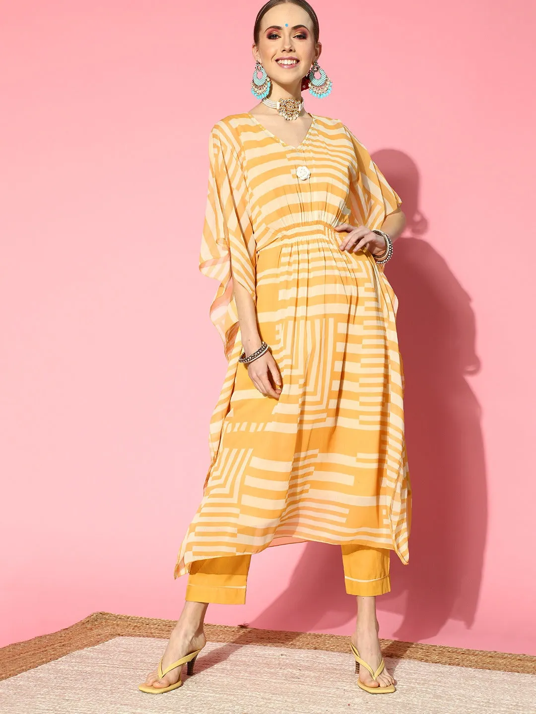 Chiffon V-neck 3/4th sleeves mustard striped printed ethinic wear kaftan with pant for women - ZOLA