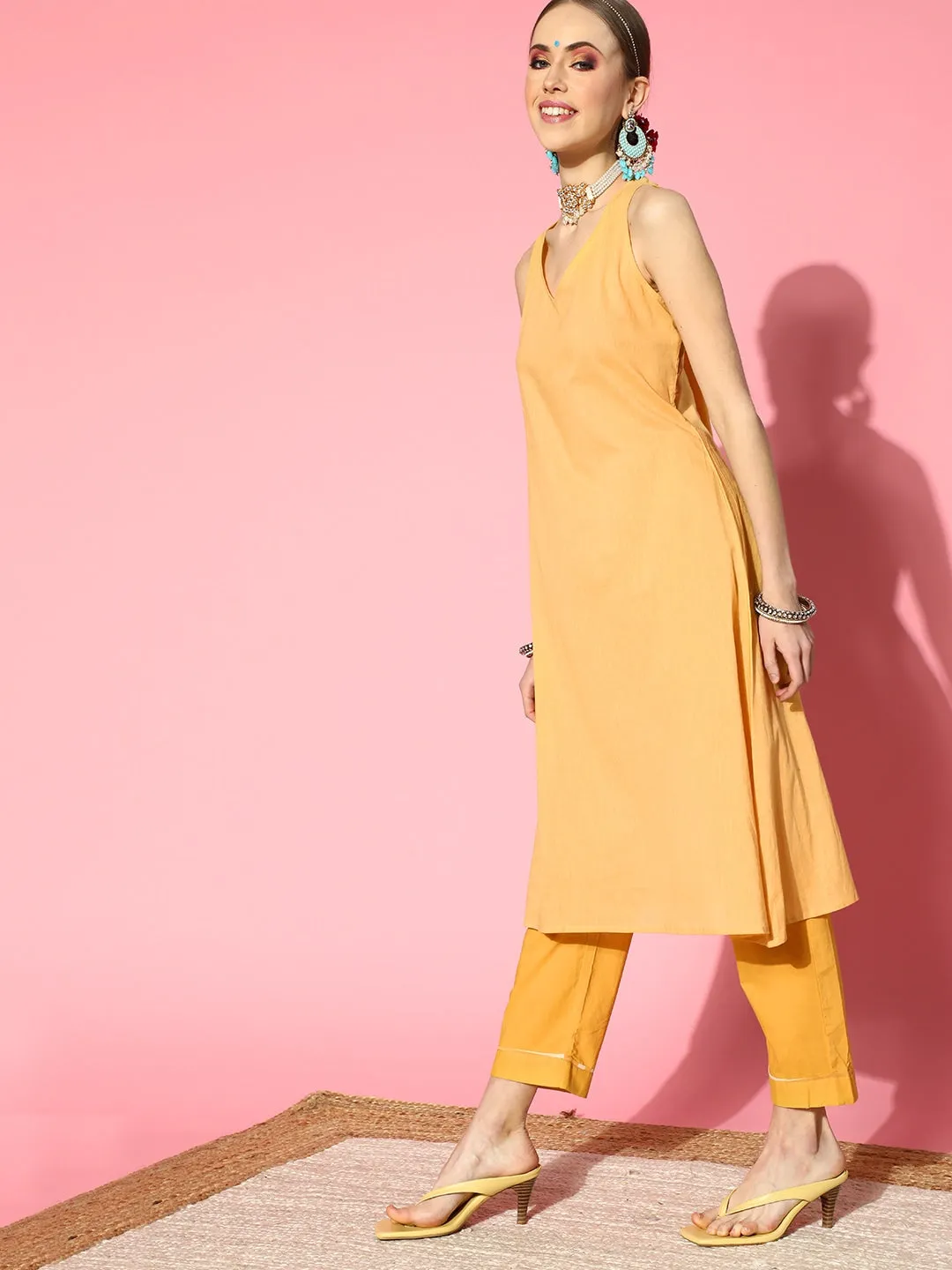 Chiffon V-neck 3/4th sleeves mustard striped printed ethinic wear kaftan with pant for women - ZOLA
