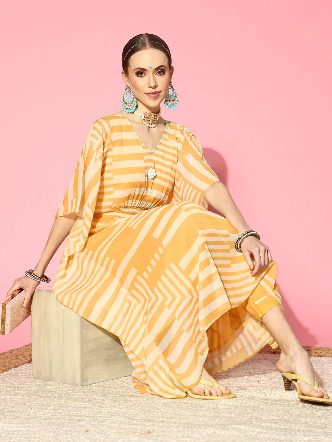 Chiffon V-neck 3/4th sleeves mustard striped printed ethinic wear kaftan with pant for women - ZOLA