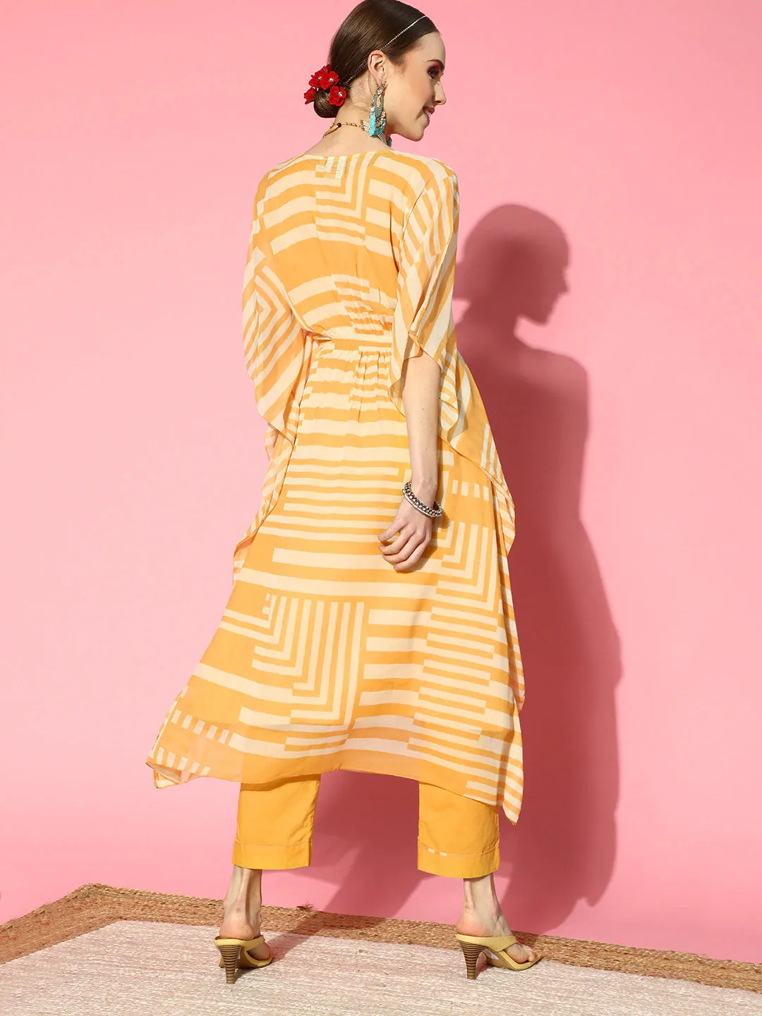 Chiffon V-neck 3/4th sleeves mustard striped printed ethinic wear kaftan with pant for women - ZOLA