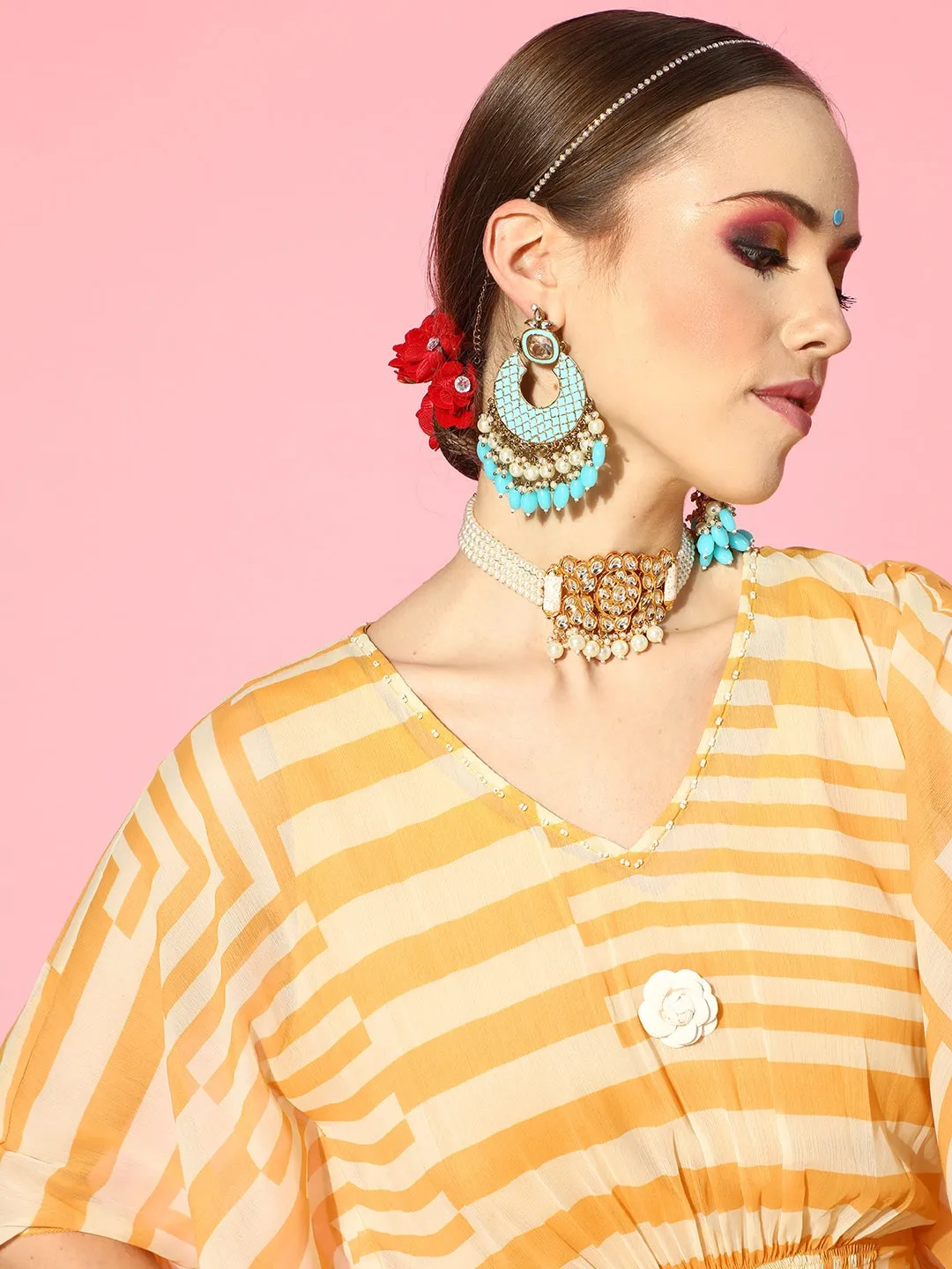 Chiffon V-neck 3/4th sleeves mustard striped printed ethinic wear kaftan with pant for women - ZOLA