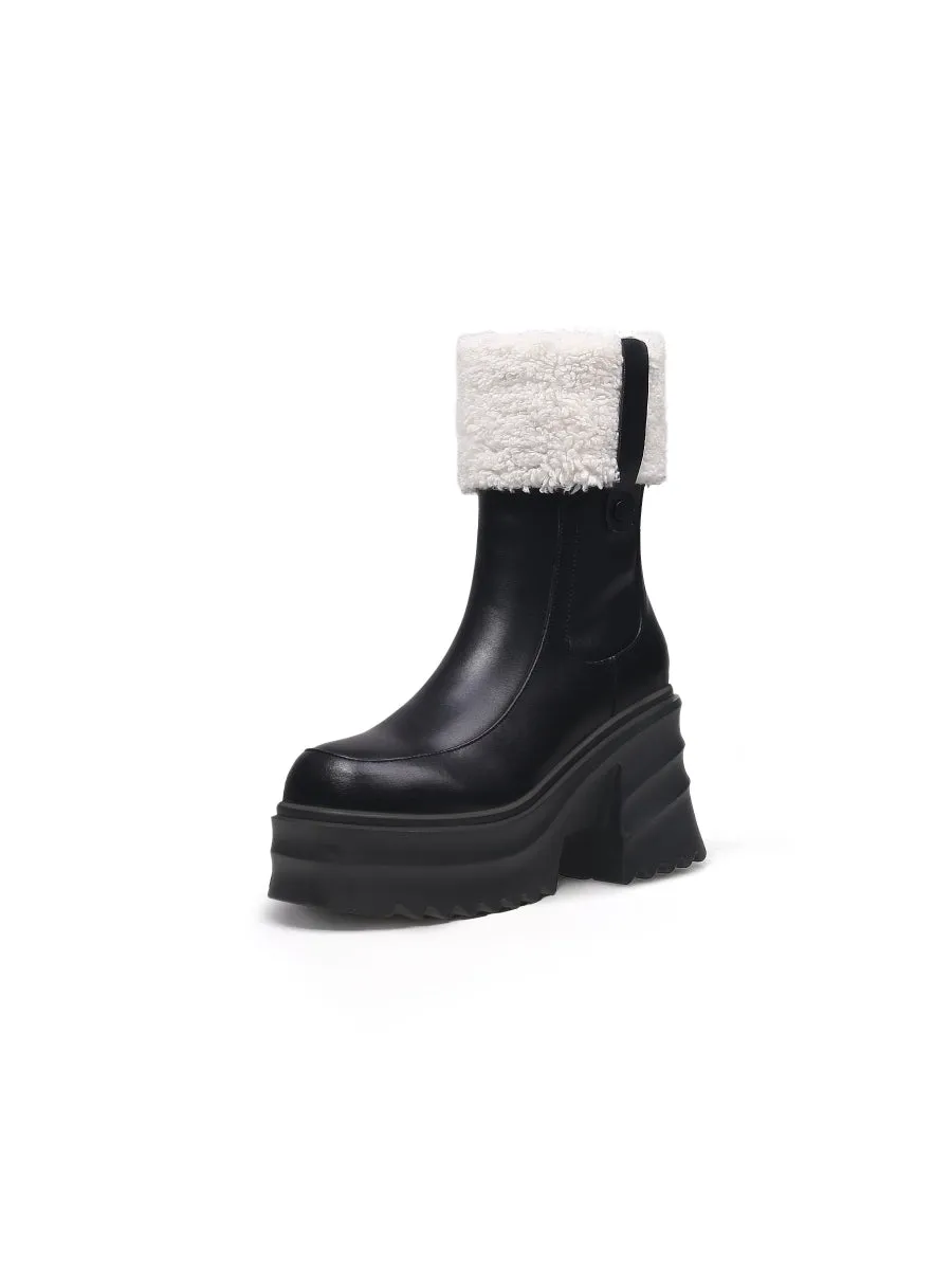 Chunky Heel Faux Fur Lined Black Chelsea Boot
