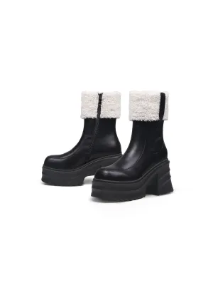 Chunky Heel Faux Fur Lined Black Chelsea Boot