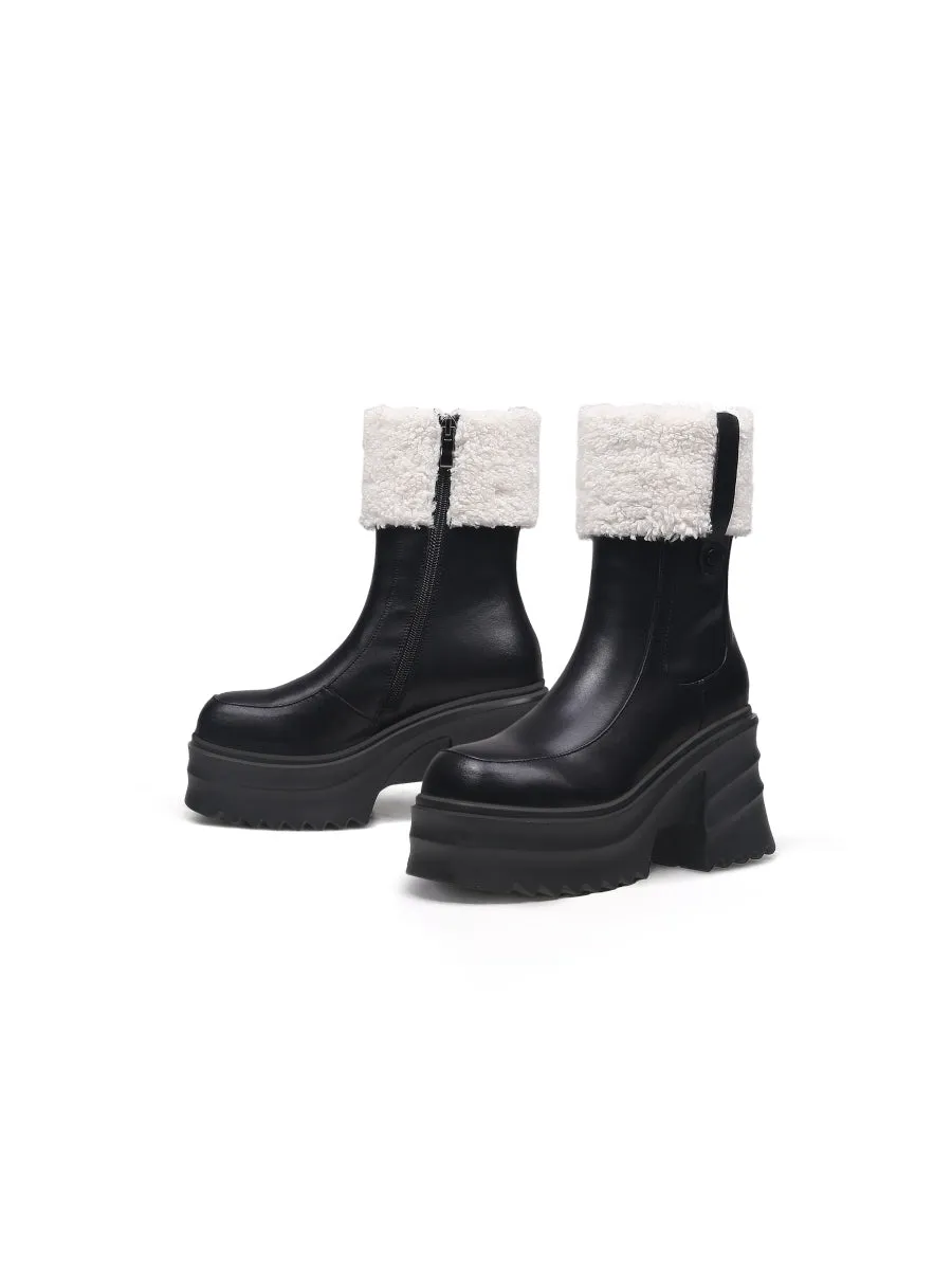Chunky Heel Faux Fur Lined Black Chelsea Boot