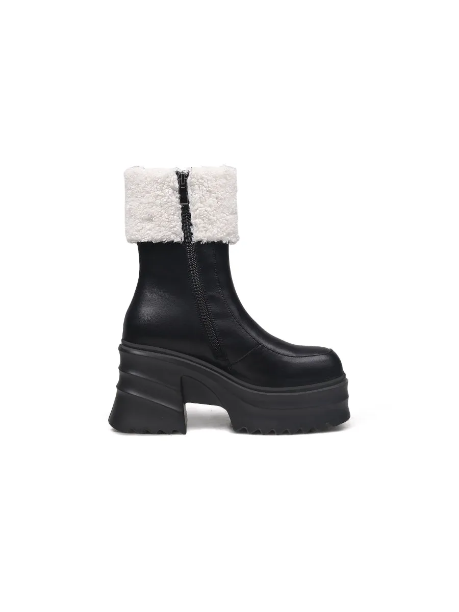 Chunky Heel Faux Fur Lined Black Chelsea Boot
