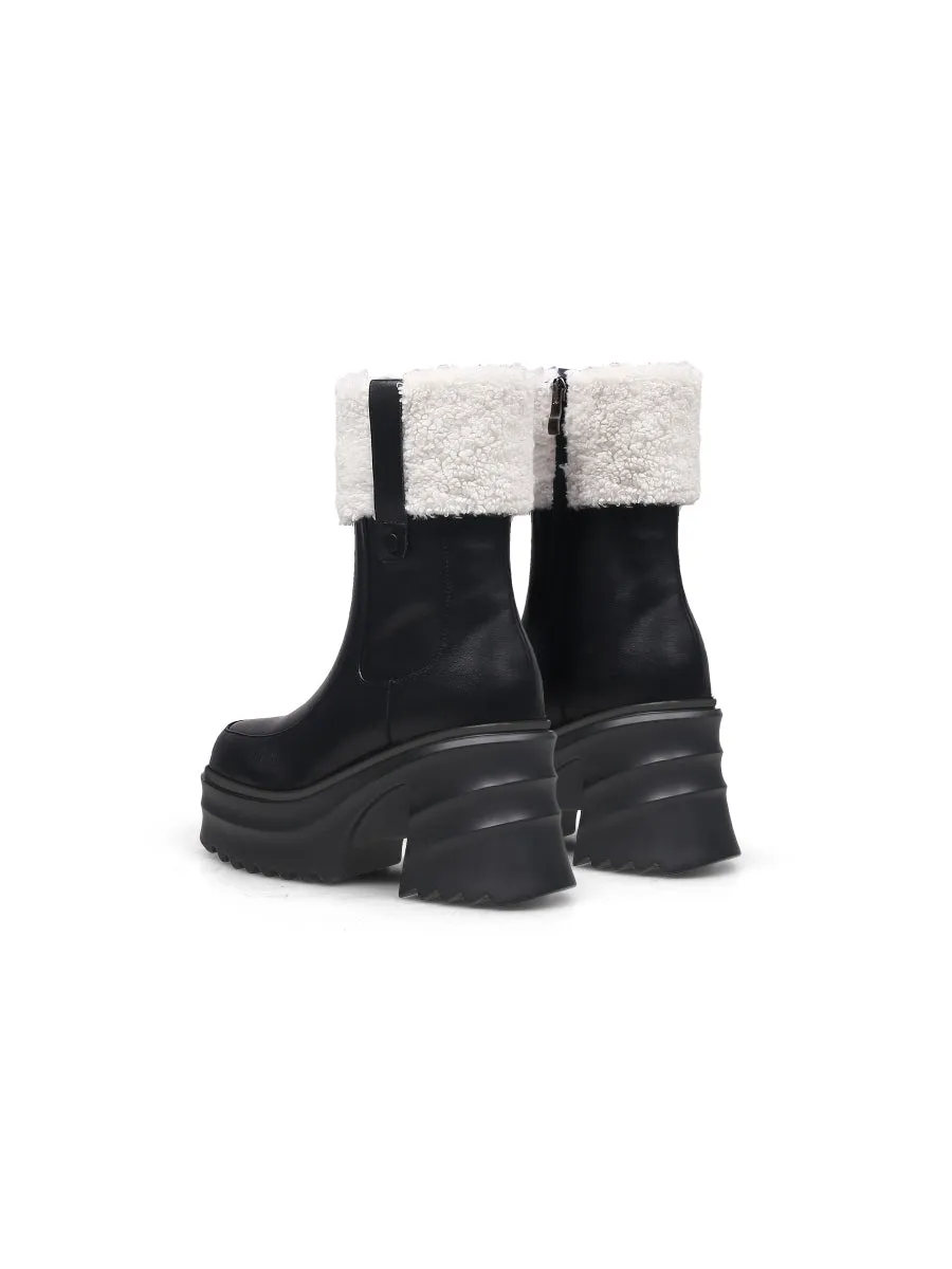 Chunky Heel Faux Fur Lined Black Chelsea Boot