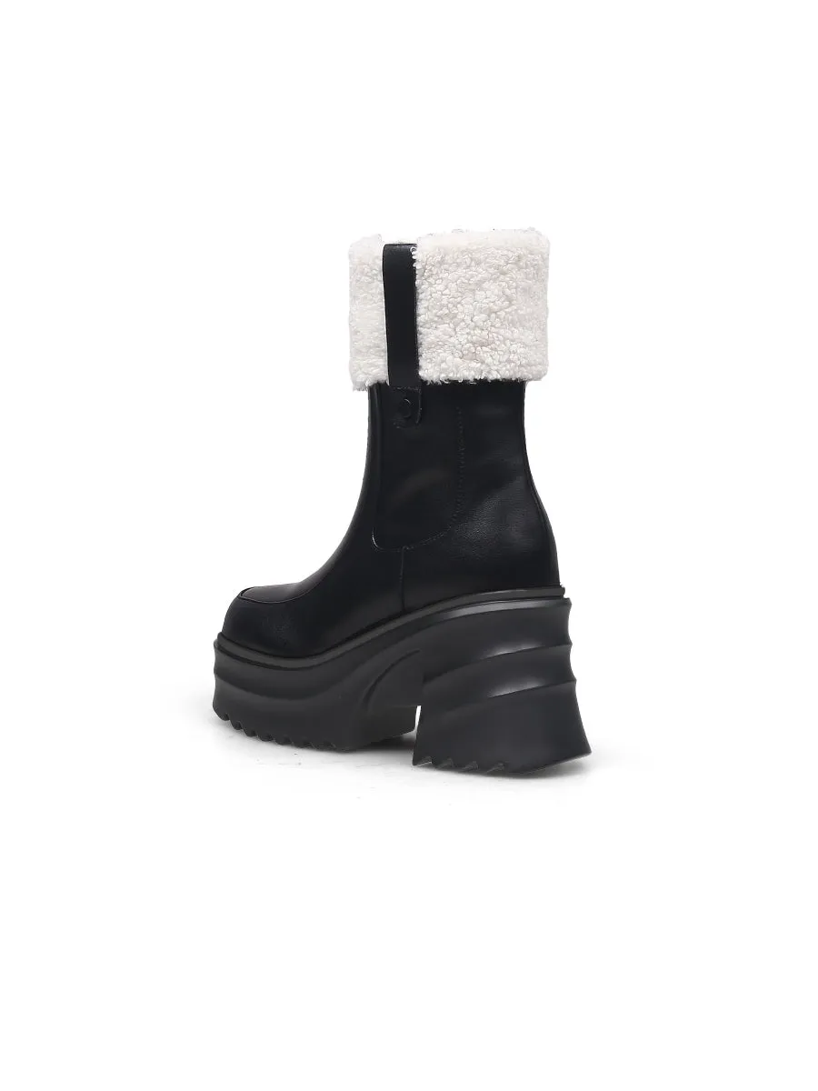 Chunky Heel Faux Fur Lined Black Chelsea Boot