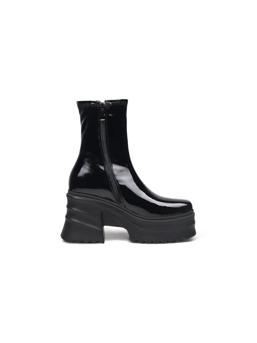 Chunky Heel Woolen Lined Black Genuine Leather Boots