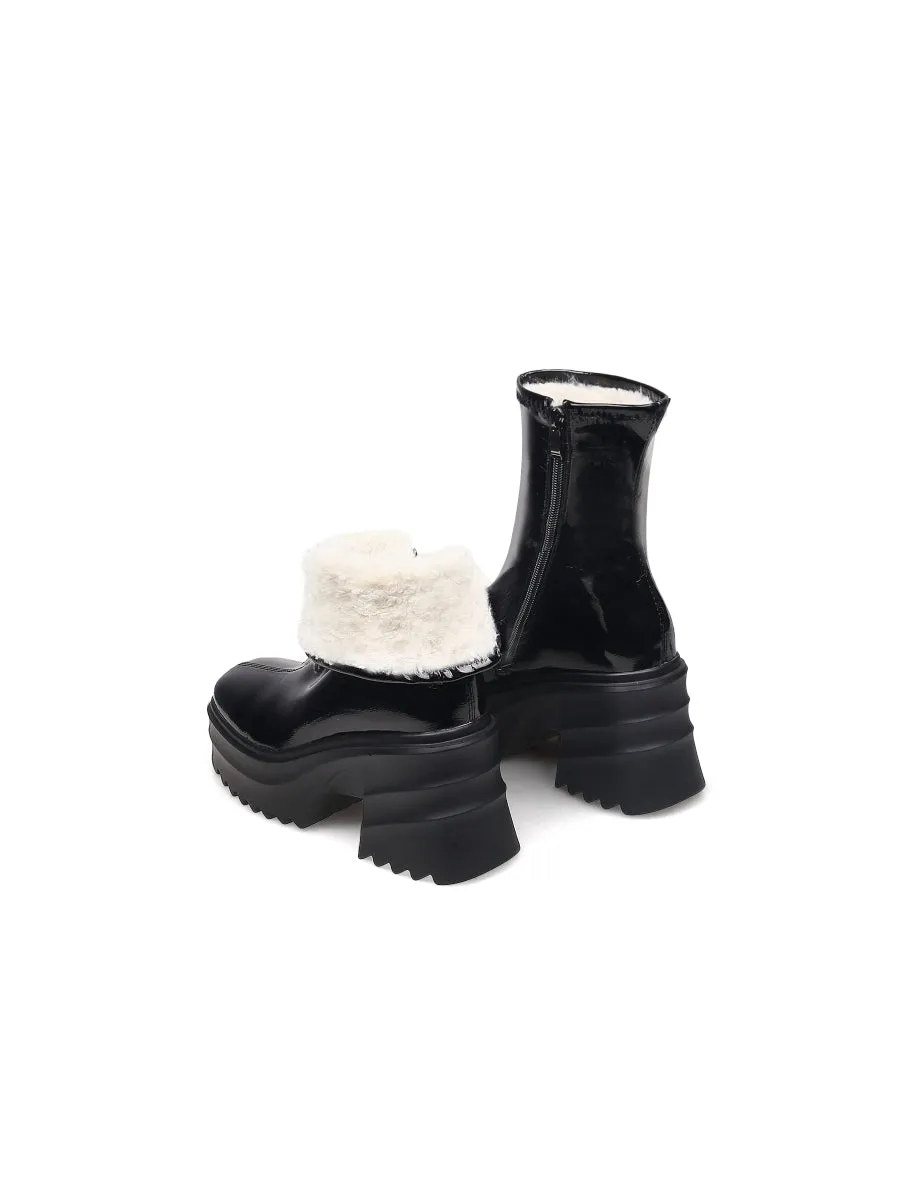 Chunky Heel Woolen Lined Black Genuine Leather Boots