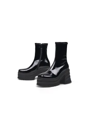 Chunky Heel Woolen Lined Black Genuine Leather Boots