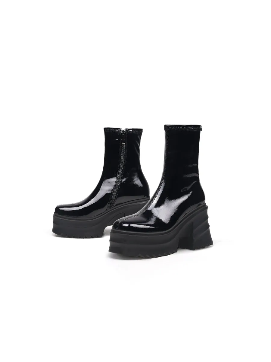 Chunky Heel Woolen Lined Black Genuine Leather Boots