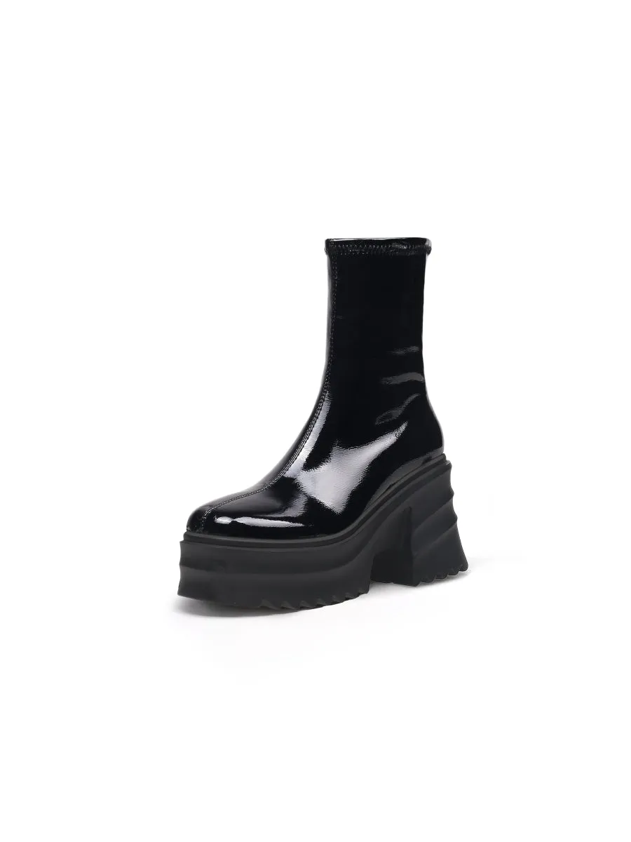 Chunky Heel Woolen Lined Black Genuine Leather Boots