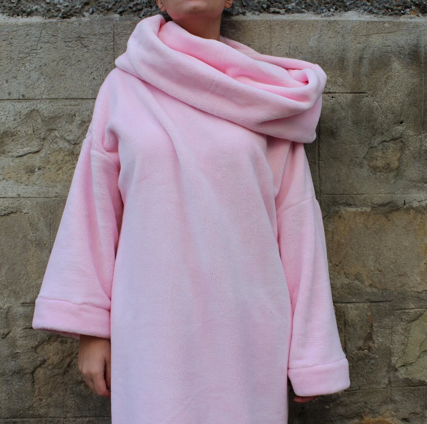 Comfy Turtleneck Dress, Comfortable Winter Dress, Warm Loungewear for Women, Long Sleeve Dress, Soft Dress in Pink