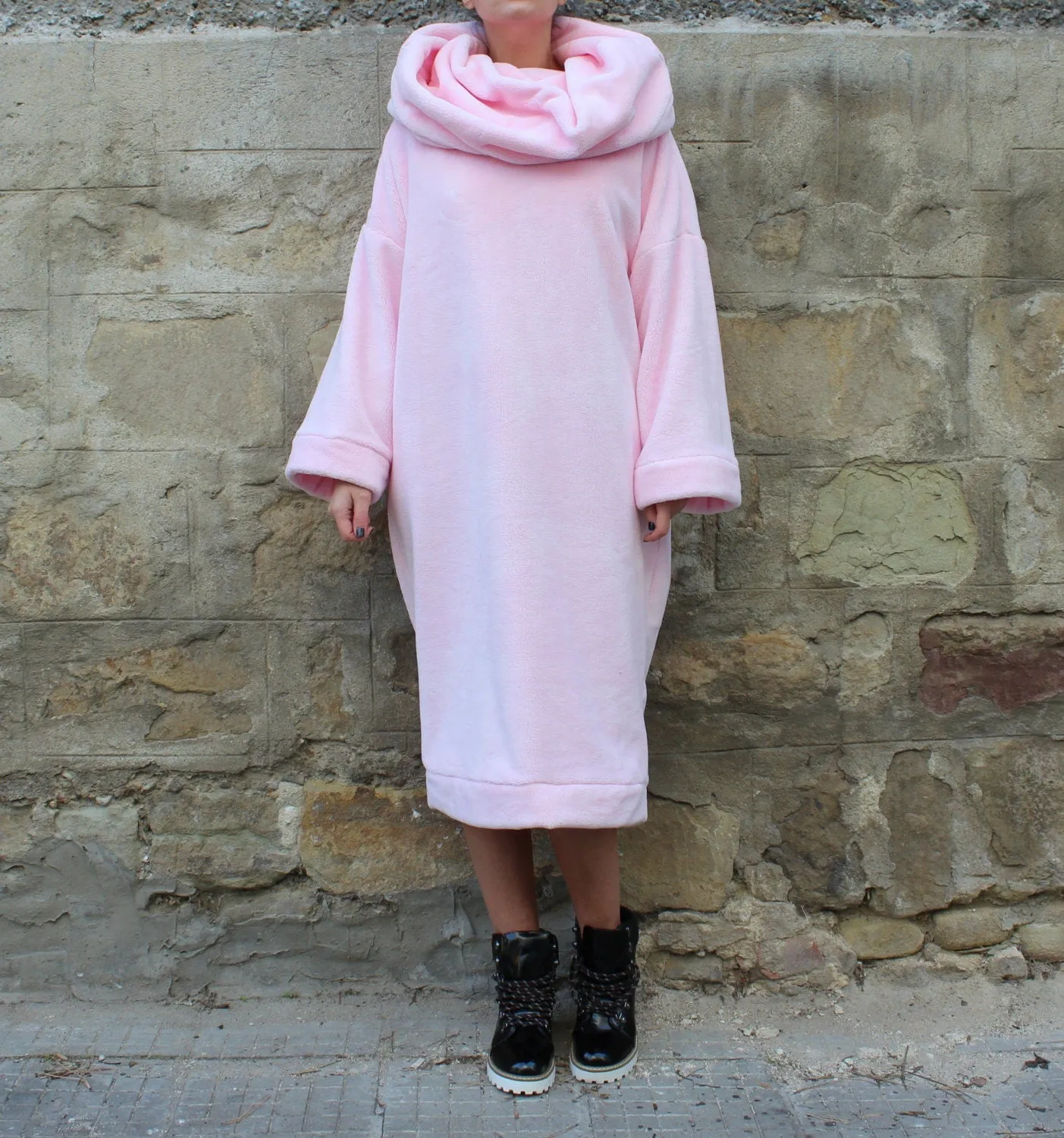 Comfy Turtleneck Dress, Comfortable Winter Dress, Warm Loungewear for Women, Long Sleeve Dress, Soft Dress in Pink