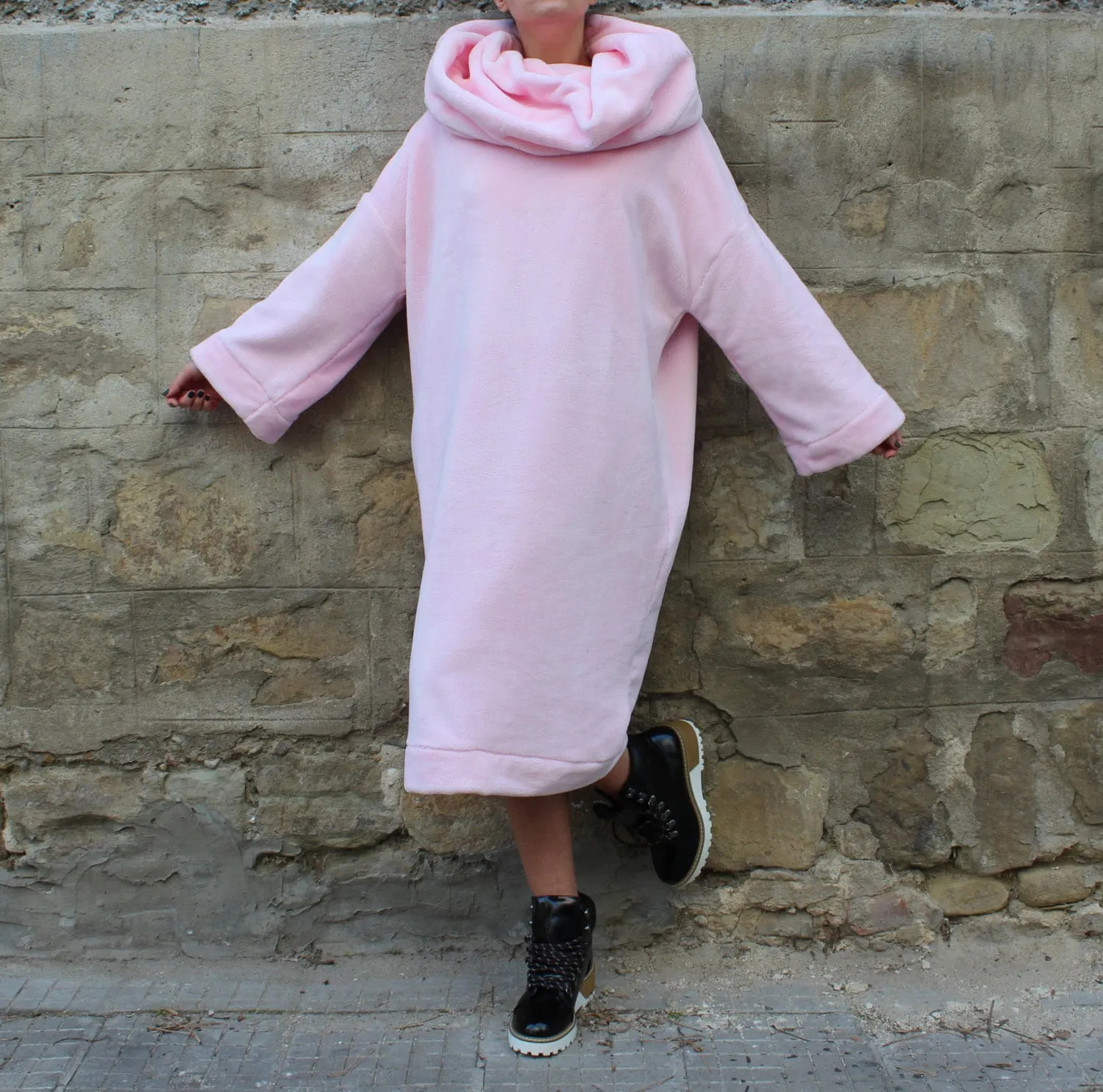 Comfy Turtleneck Dress, Comfortable Winter Dress, Warm Loungewear for Women, Long Sleeve Dress, Soft Dress in Pink
