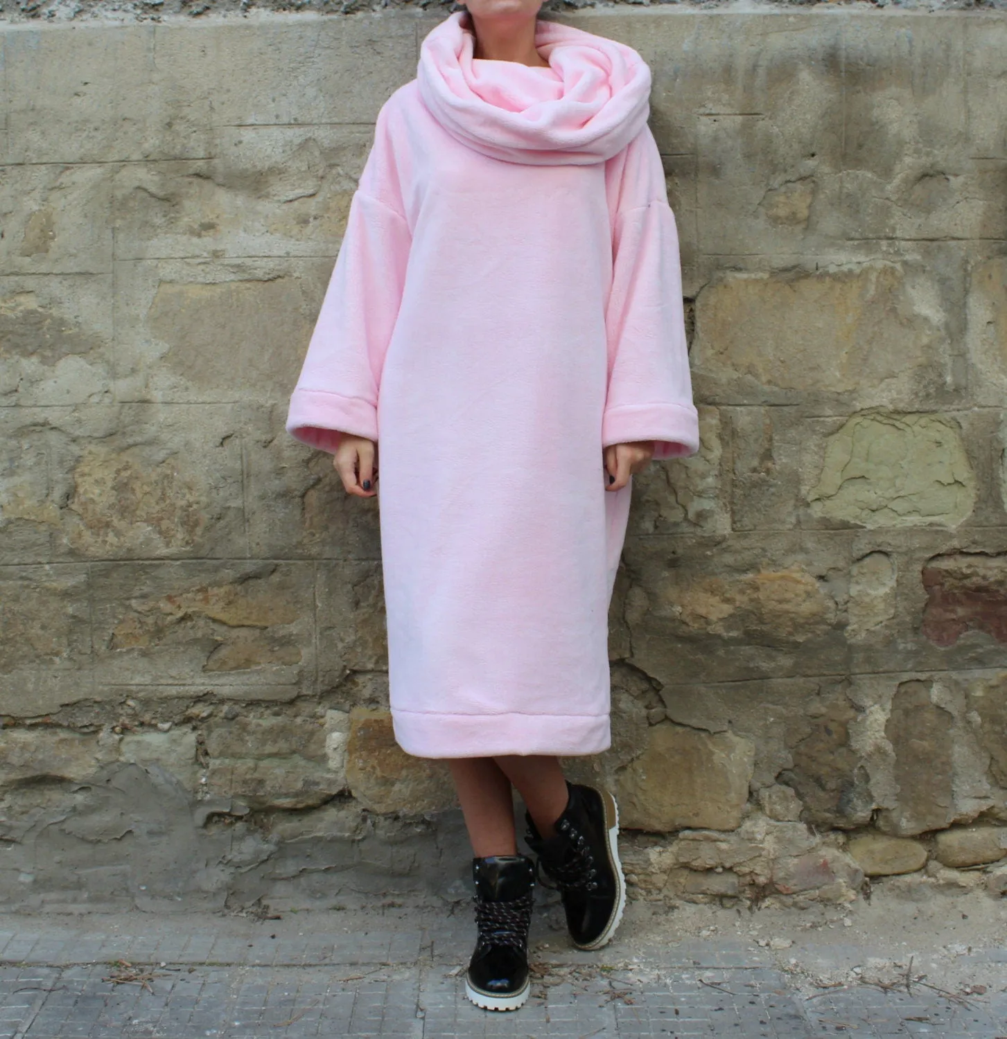 Comfy Turtleneck Dress, Comfortable Winter Dress, Warm Loungewear for Women, Long Sleeve Dress, Soft Dress in Pink