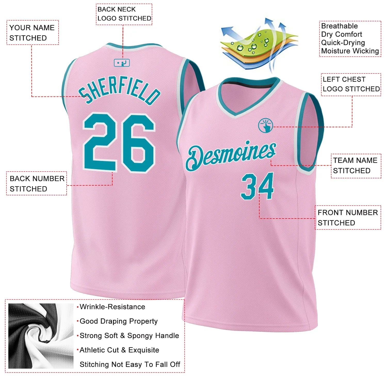 Custom Light Pink Teal-White Authentic Throwback Basketball Jersey