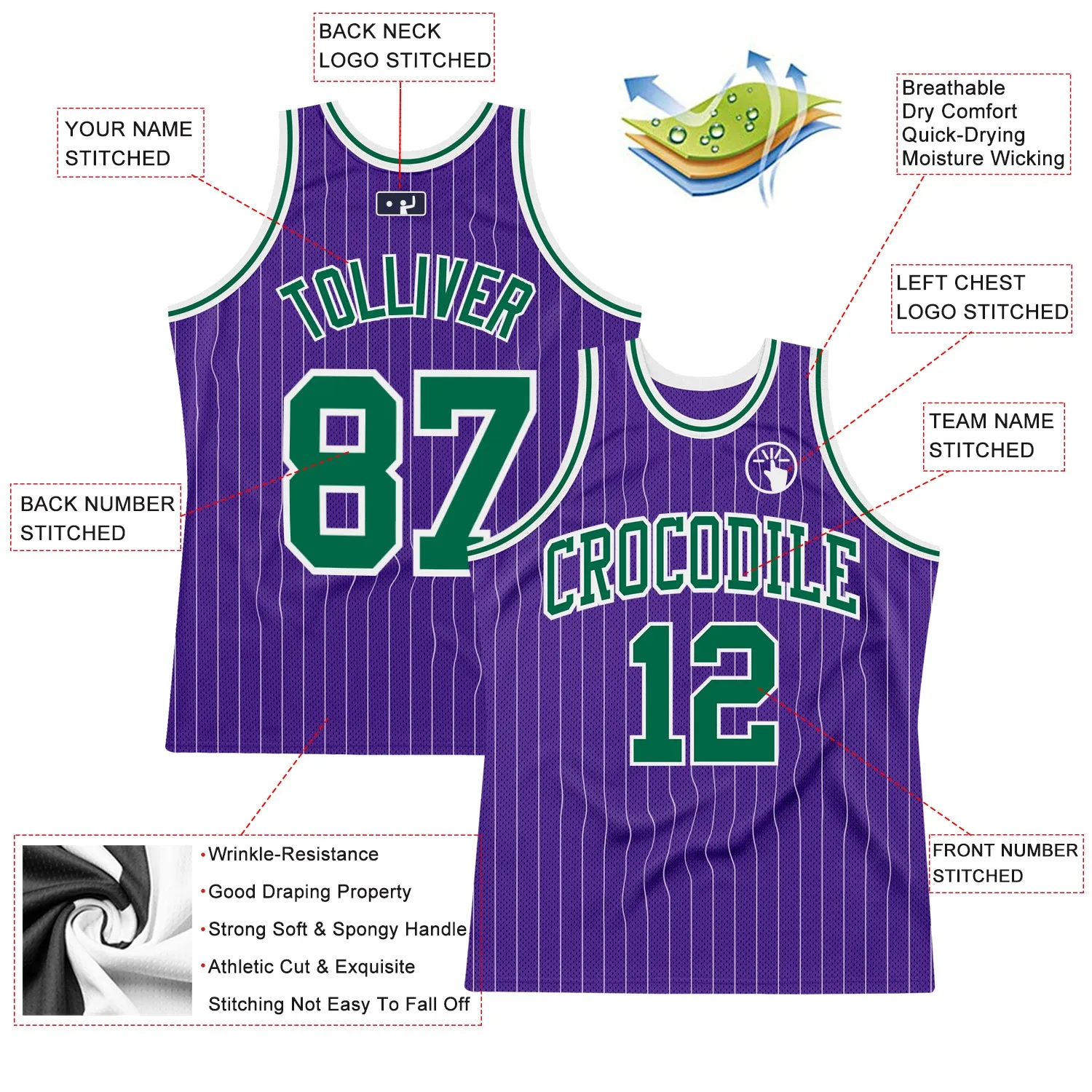 Custom Purple White Pinstripe Kelly Green Authentic Basketball Jersey