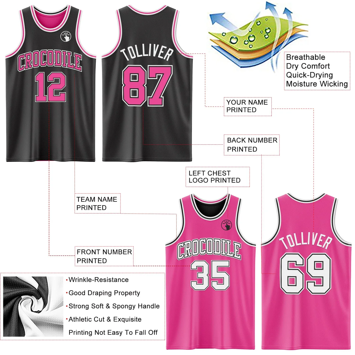 Custom Reversible Black Pink-White Double Side Authentic Basketball Jersey