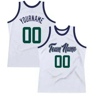 Custom White Hunter Green-Navy Authentic Throwback Basketball Jersey