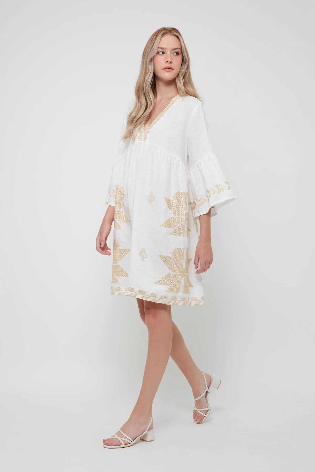 DRESS SHORT AEOLIS BELL SLEEVE- WHITE GOLD