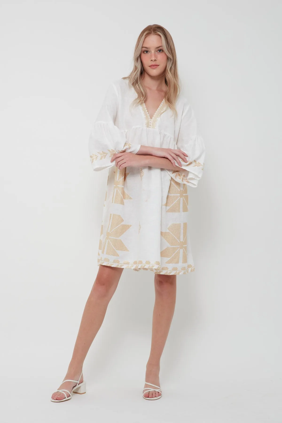 DRESS SHORT AEOLIS BELL SLEEVE- WHITE GOLD