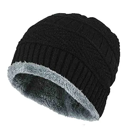 Gajraj Winter Knit Beanie Cap Hat Neck Warmer Scarf and Woolen Gloves Set for Men & Women (3 Piece) (BLACK)