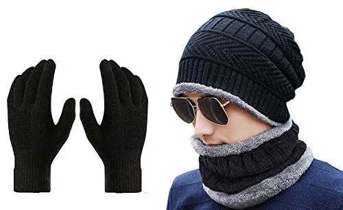 Gajraj Winter Knit Beanie Cap Hat Neck Warmer Scarf and Woolen Gloves Set for Men & Women (3 Piece) (BLACK)