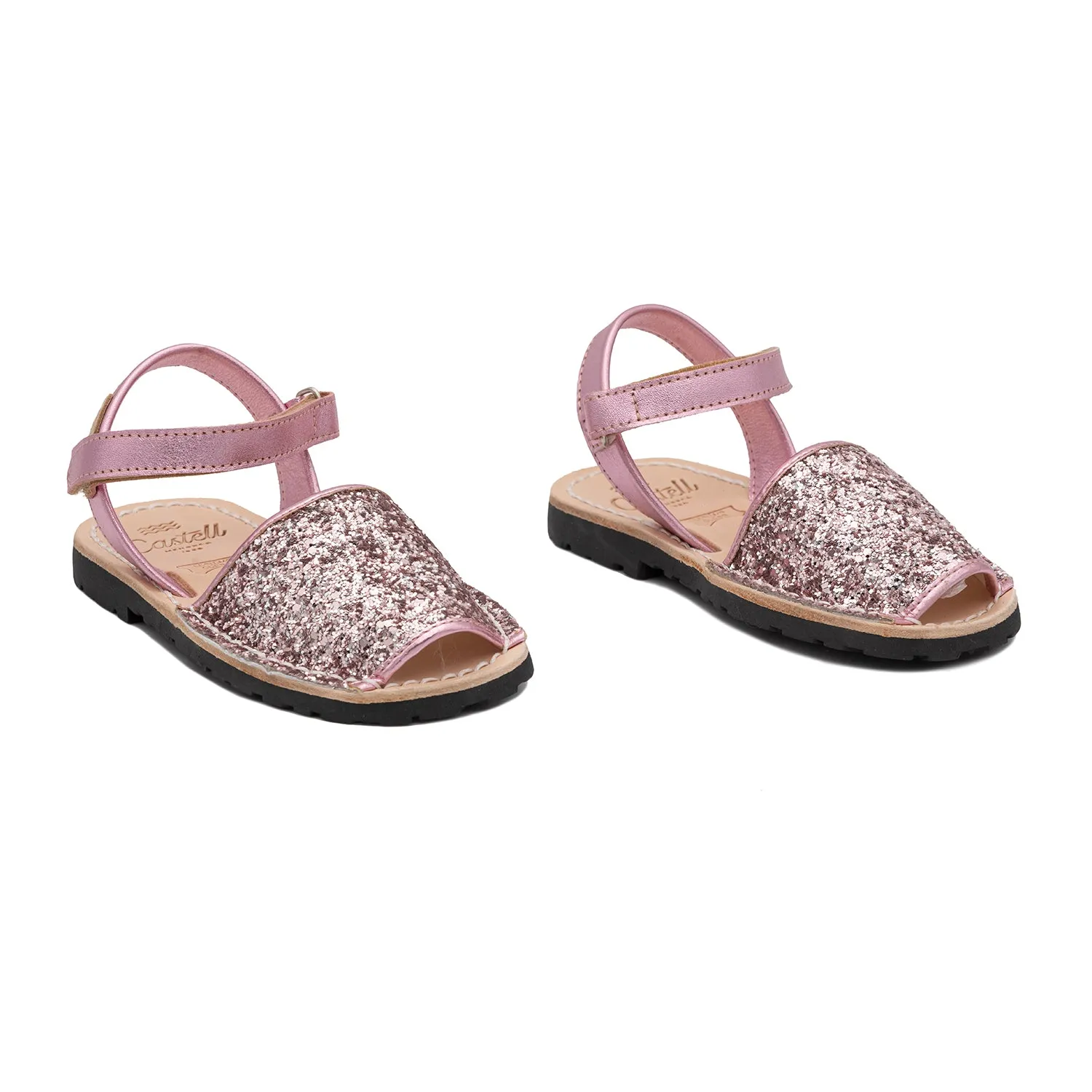 Glitter Leather Open Toe Menorcan Sandal For Kids - Iker 1002R Glitter Rosado