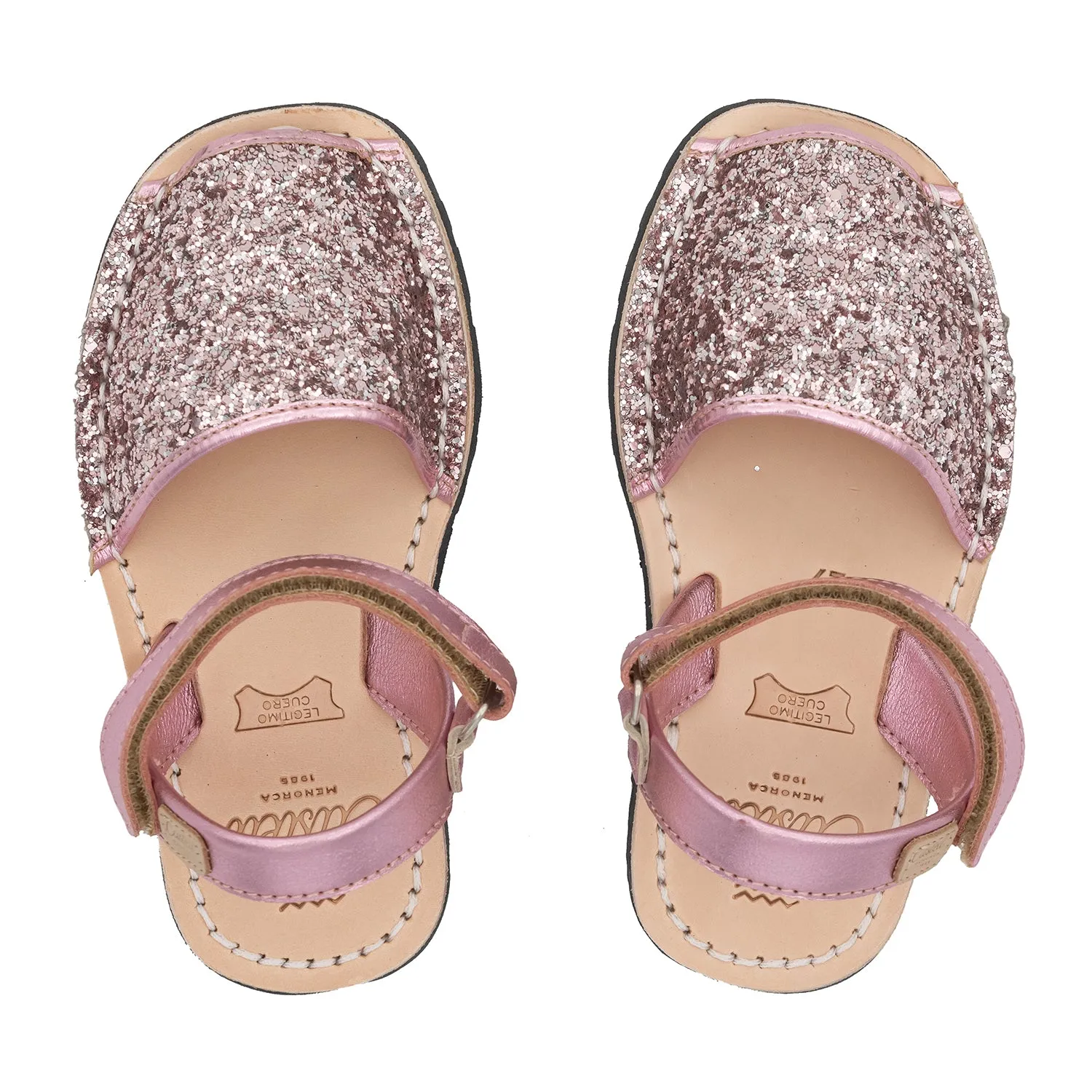 Glitter Leather Open Toe Menorcan Sandal For Kids - Iker 1002R Glitter Rosado