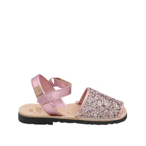 Glitter Leather Open Toe Menorcan Sandal For Kids - Iker 1002R Glitter Rosado