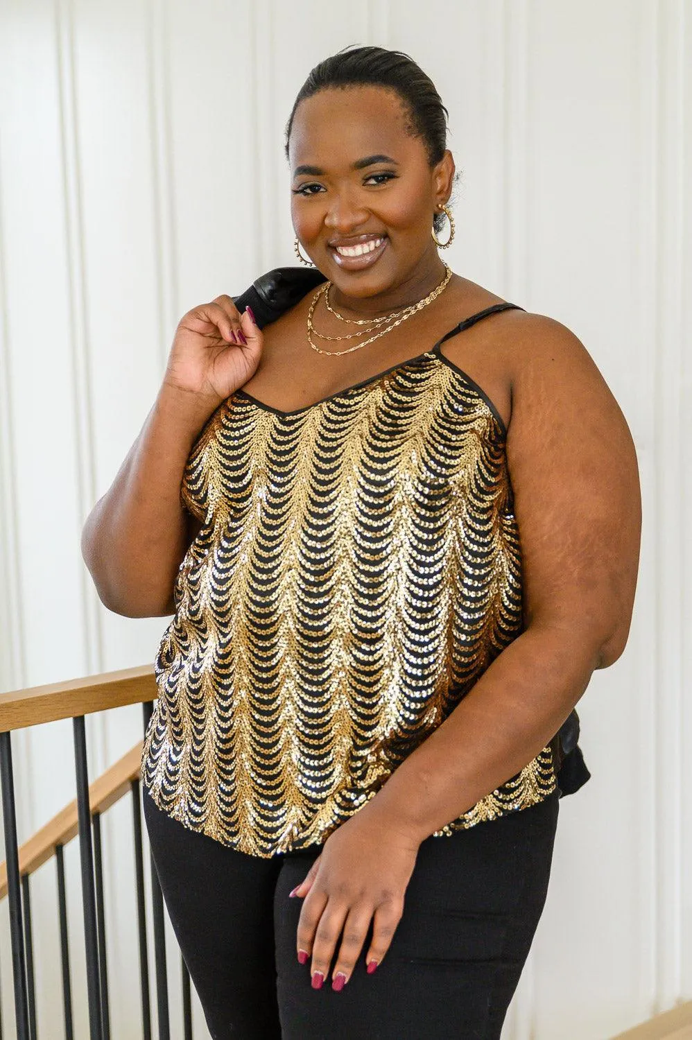 Hazel Blues® | Stayin' Alive V-Neck Sequin Tank in Gold