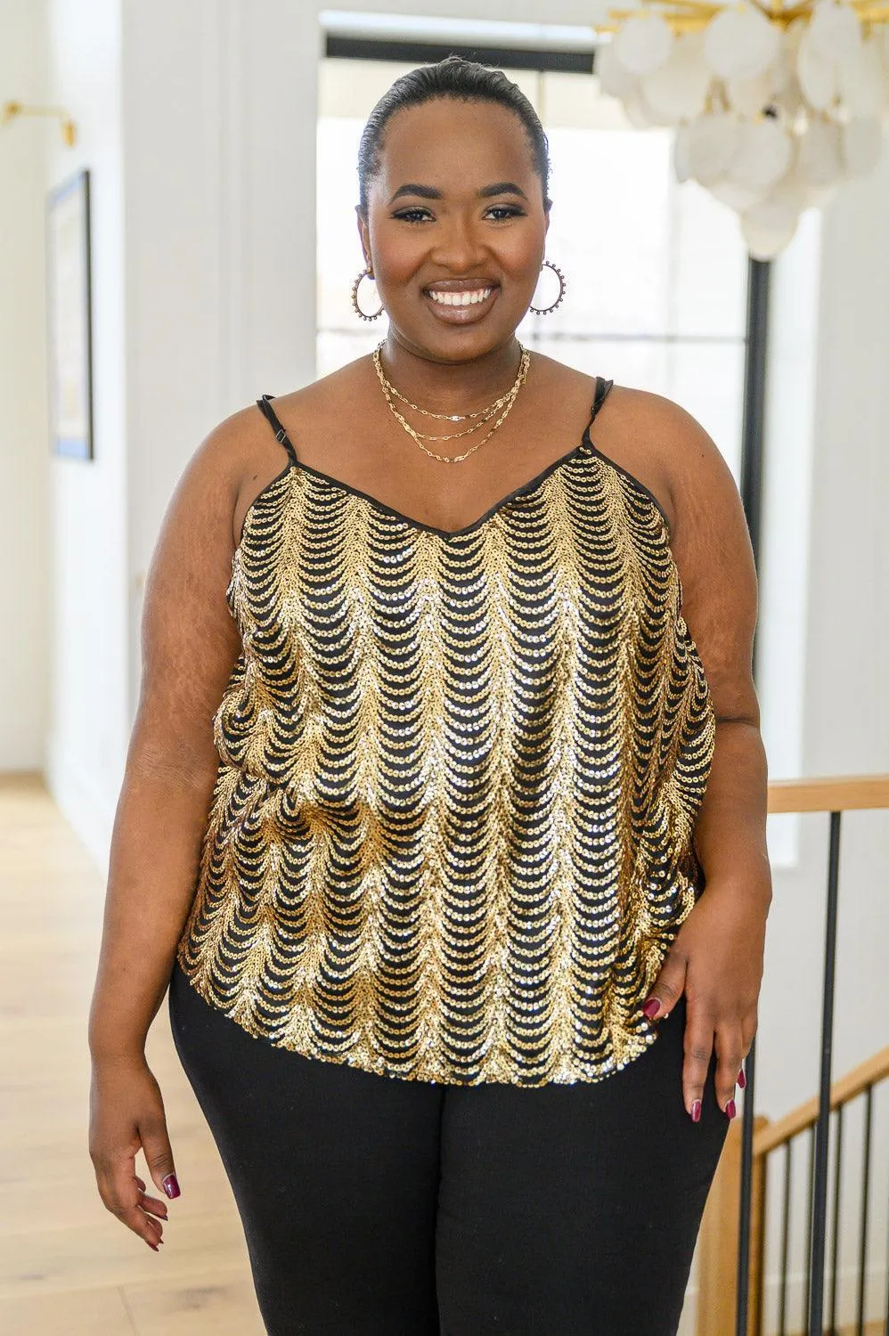 Hazel Blues® | Stayin' Alive V-Neck Sequin Tank in Gold