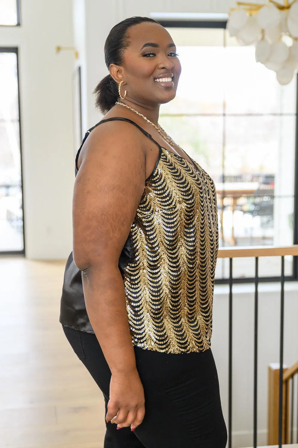 Hazel Blues® | Stayin' Alive V-Neck Sequin Tank in Gold