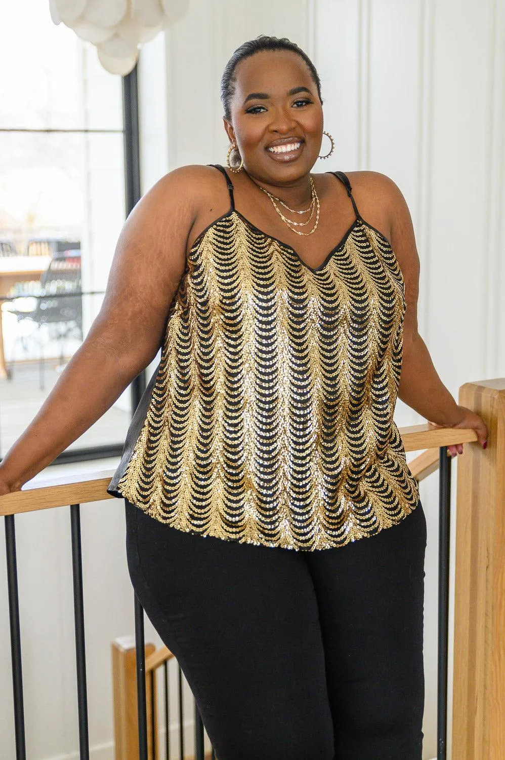 Hazel Blues® | Stayin' Alive V-Neck Sequin Tank in Gold